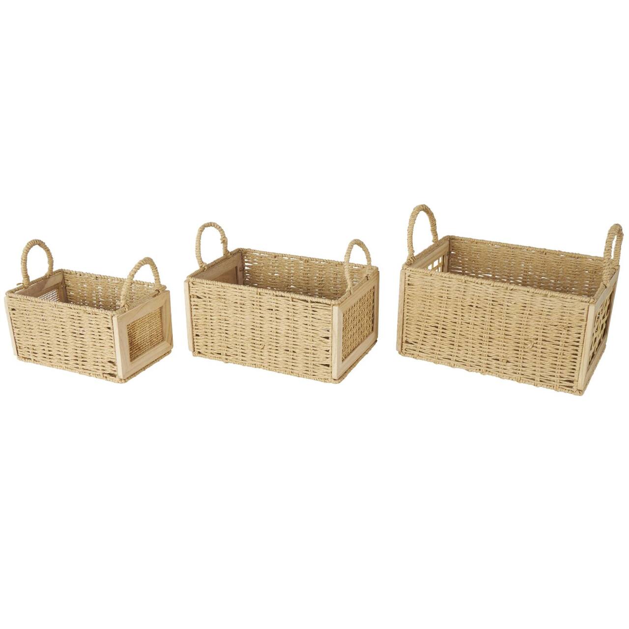 Brown Rattan Woven Decorative Storage Basket with Rope Handles, 3ct.